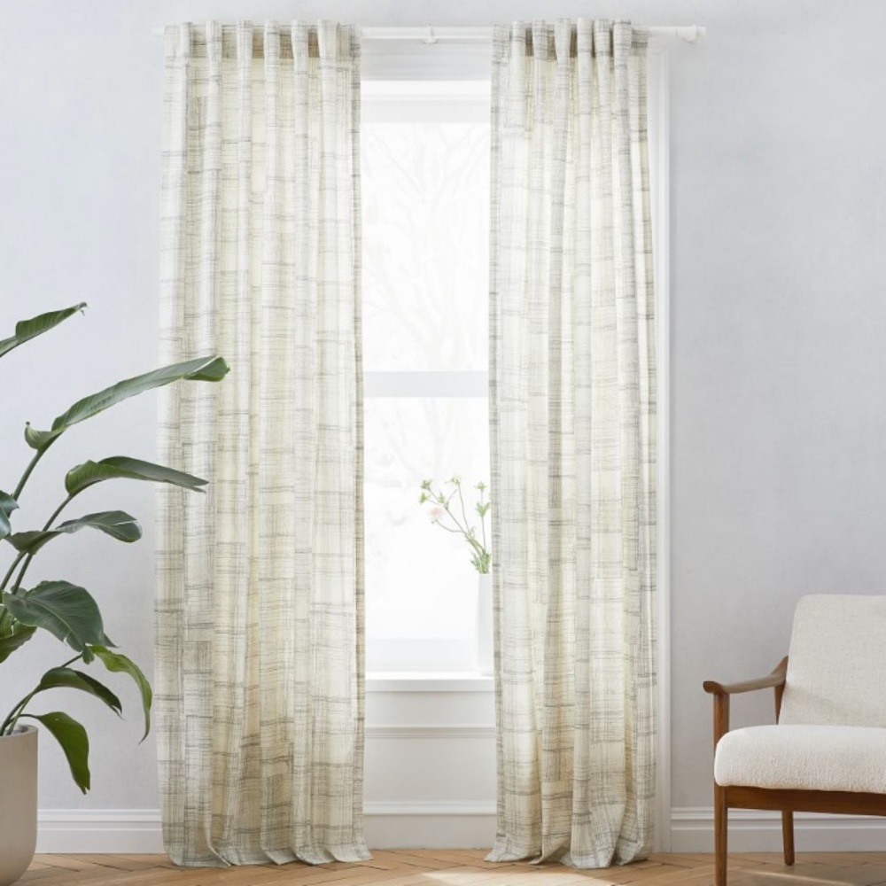 Mid-Century Cotton Canvas Etched Grid Curtain, Set of 2, Slate, 48"x96"